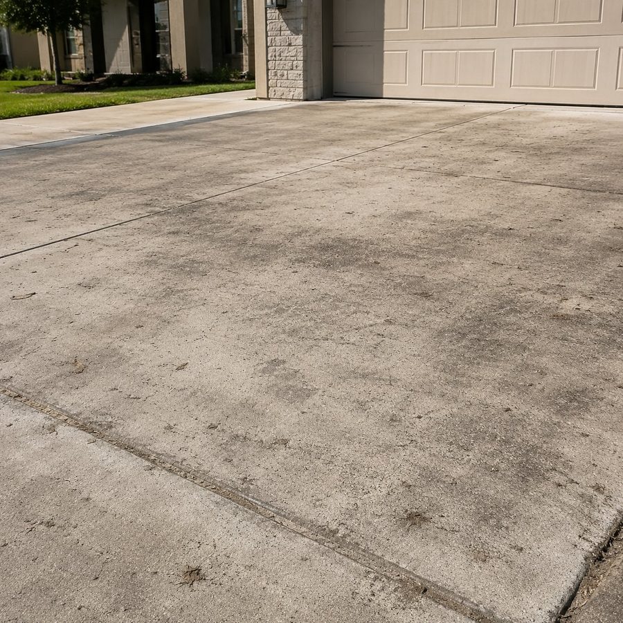 Dull, dusty concrete driveway covered in gray road film